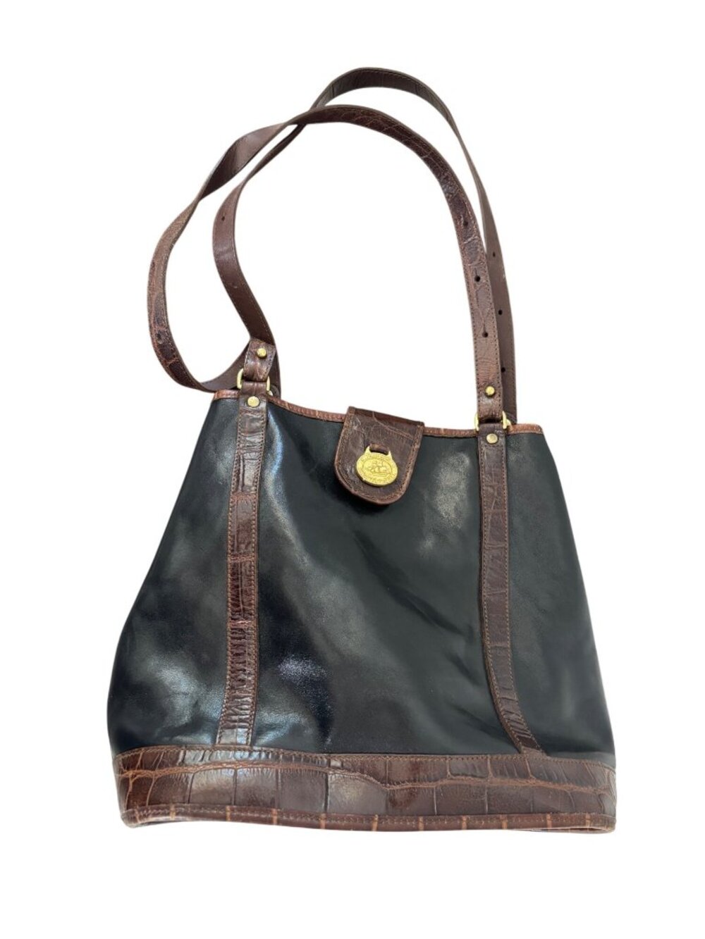 Vintage Brahmin Tuscan Melbourne Bucket Bag Black Leather Brown Embossed Trim - Picture 3 of 5